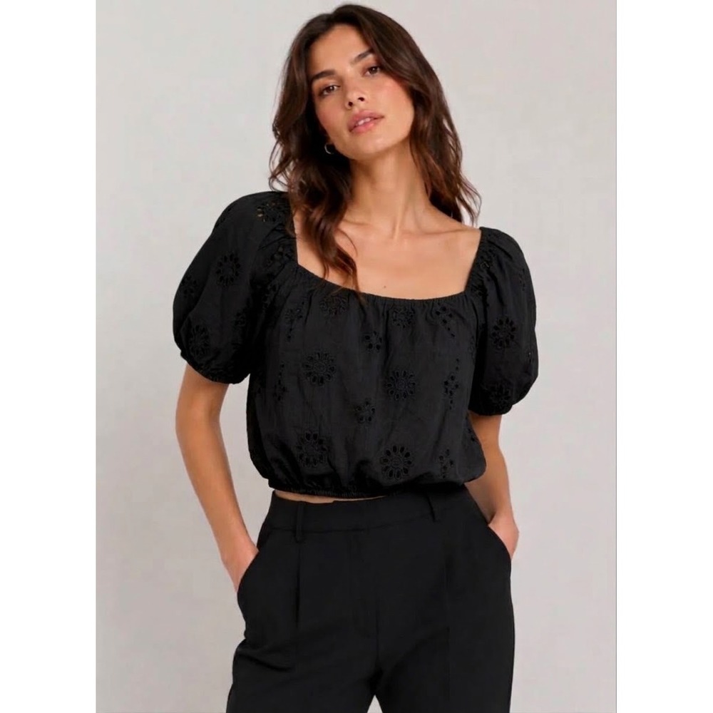 WAYF Black Eyelet Puff Sleeve Crop Top Square Neck Floral Boho XL